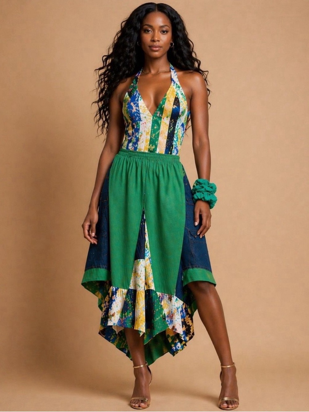 Upcycled green & blue denim and brocade tie accent two piece skirt set size L/XL